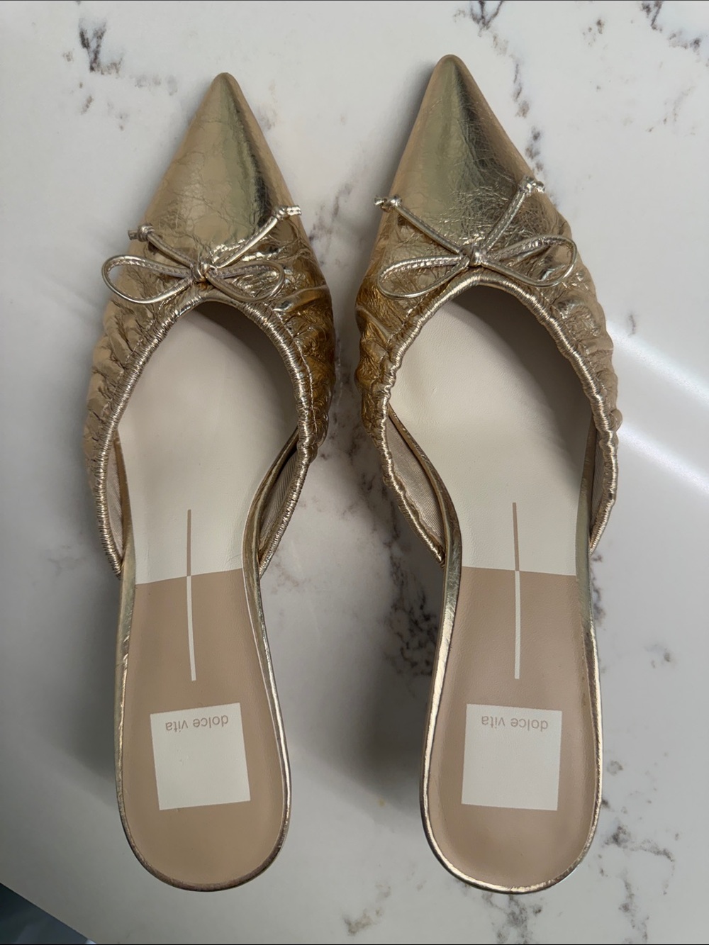 Dolce Vita Metallic Gold Pointed-Toe Bow Mule Flats